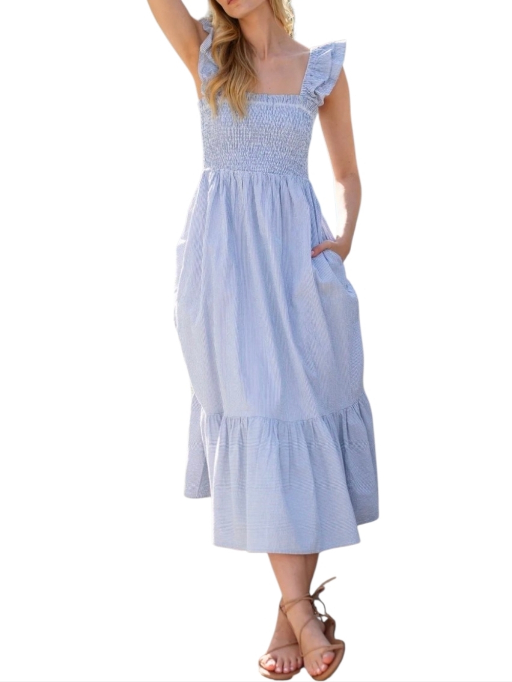 Marea Sasco Dress Blue Seersucker Light Blue Smocked Sundress Ruffle Straps Sz M